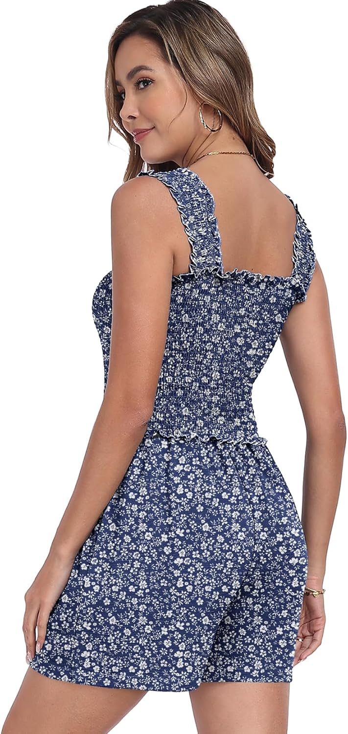 QIXING Women's Summer Casual Rompers Dressy Smocked Loose Comfy Short Jumpsuits Vacation Outfits With Pockets - Image 4
