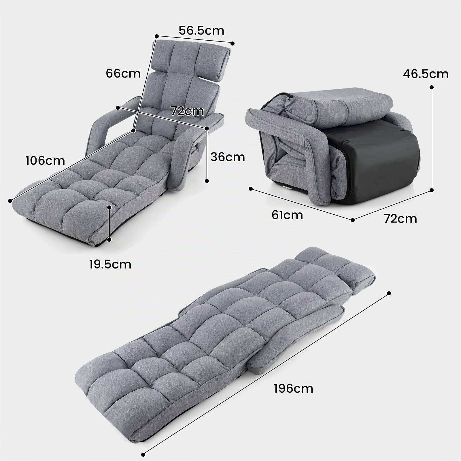 RELAX4LIFE Sedia da Pavimento Pieghevole, Chaise Longue Pieghevole, Poltrona Reclinabile, in 5 Posizioni, Struttura Interna in Tubo d'Acciaio (GRIGIO)