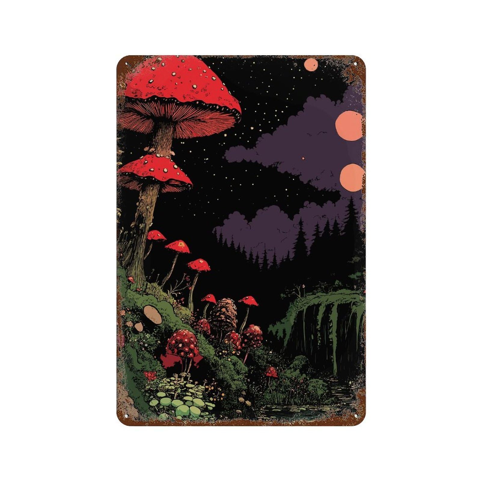 Rust Effect Enchanted Mushroom Forest Aged Metal Wall Plaque 11.8"x7.9", Classic Wall Plaque for Basement, Hobby Room And Garage Decor