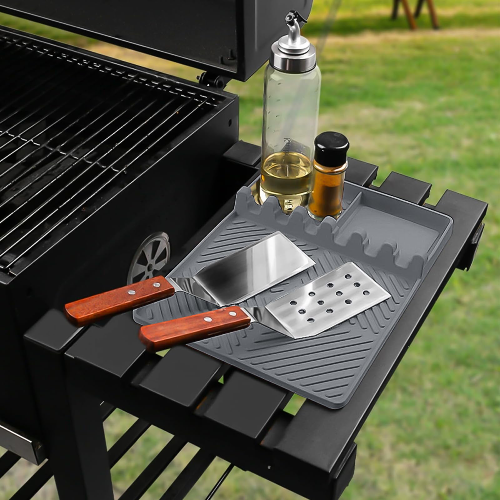 Alfombrilla de Silicona para Parrilla de Barbacoa con 1 Cepillo Tapete de Silicona Alimentaria para Estante Lateral de Barbacoa para Tener Utensilios a Mano y Mantener Ordenado y Limpio