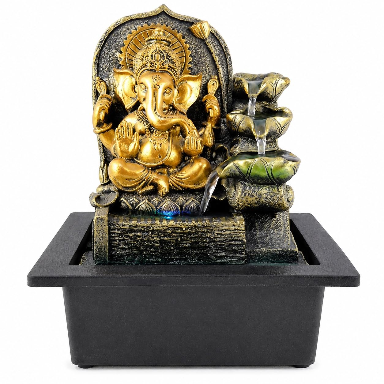 Ganesha Fuente de mesa, fuente de cascada interior de 11 pulgadas con luz LED, decoración de flujo de agua de hojas escalonadas para escritorio, oficina en casa