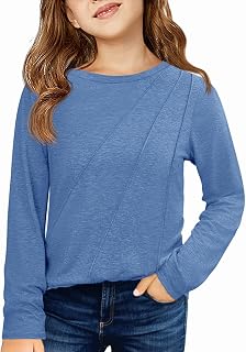Girls Long Sleeve Shirts Pleated Casual Crewneck Fall Fashion Tops Basic Tees 5-14Y