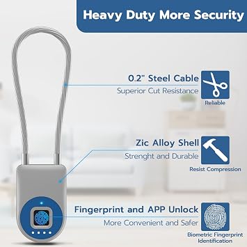 Fingerprint Cable Lock, Eseesmart Long Shackle Fingerprint Padlock with APP Control, Cabinet Lock, Luggage Lock, Outdoor Waterproof Padlock for Gym Locker, Luggage Suitcase, Cabinets, Gate, Blue