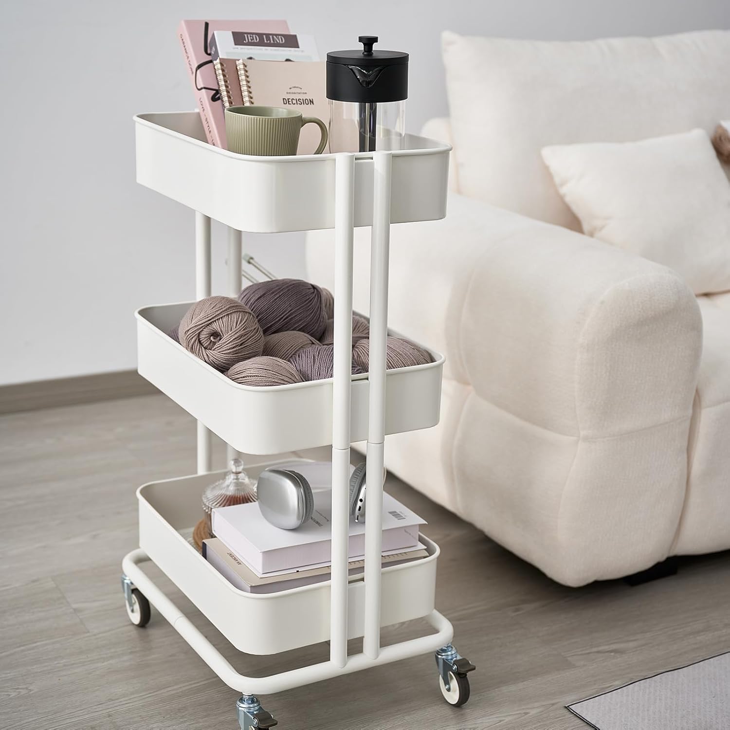 3 Tier Rolling Cart Metal Heavy Duty Utility Cart with Silent Caster Lockable Wheels Multi-Functional Organization Carts Storage Trolley with Mesh Shelves for Office Kitchen Living Room white