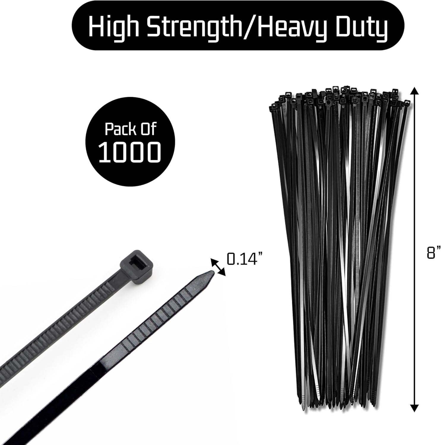 Bolt Dropper 1000-Piece Set of 8 Inch Black Zip Ties Heavy Duty - Self-Locking, UV-Resistant Nylon Cable Ties for Indoor and Outdoor Use, Ideal for Organizing, Securing, and Bundling Wires and Cables