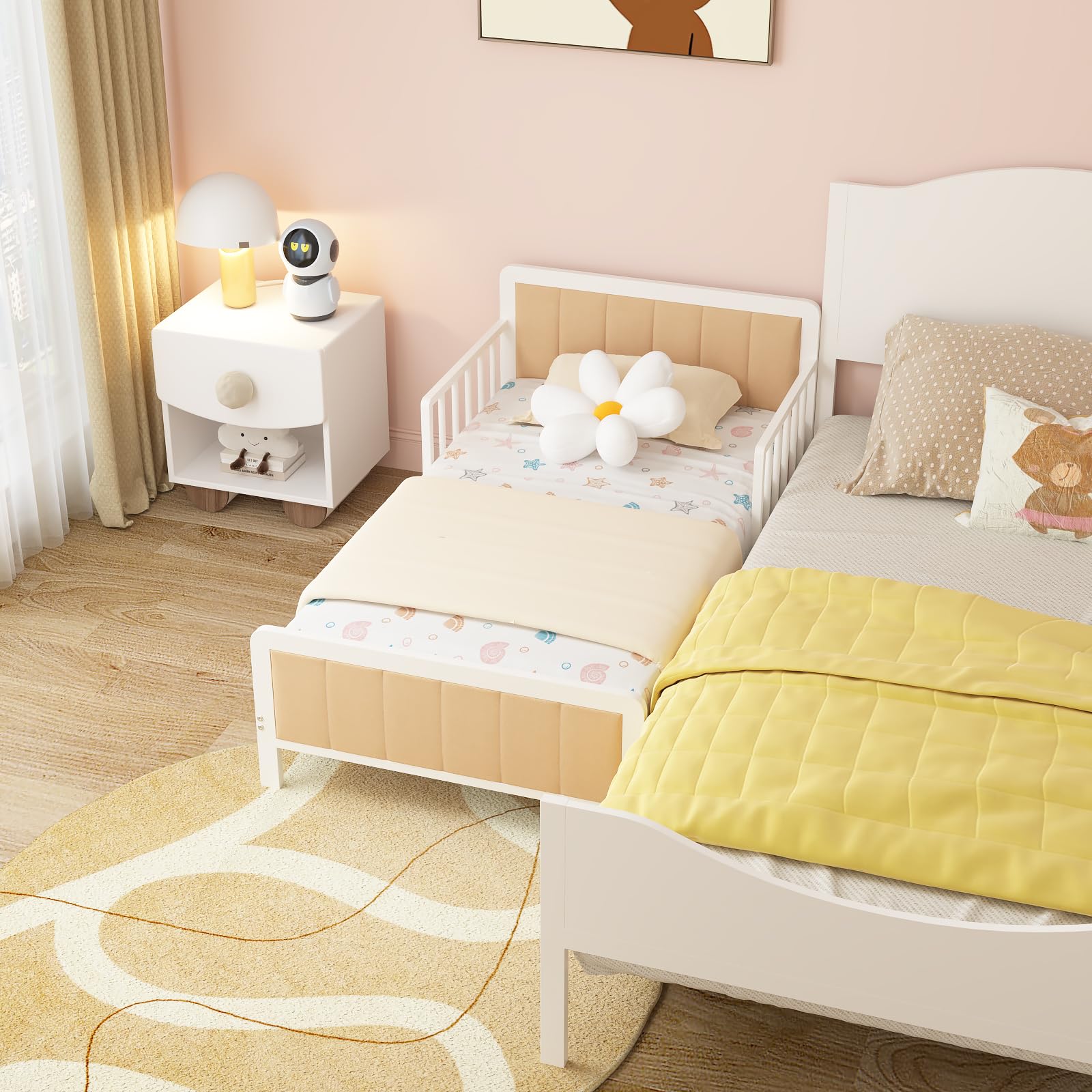 Timy Cama para niños pequeños con cabecera tapizada, Marco de Cama de Metal para Cuna con barandillas de Seguridad para niños y niñas, Color Blanco