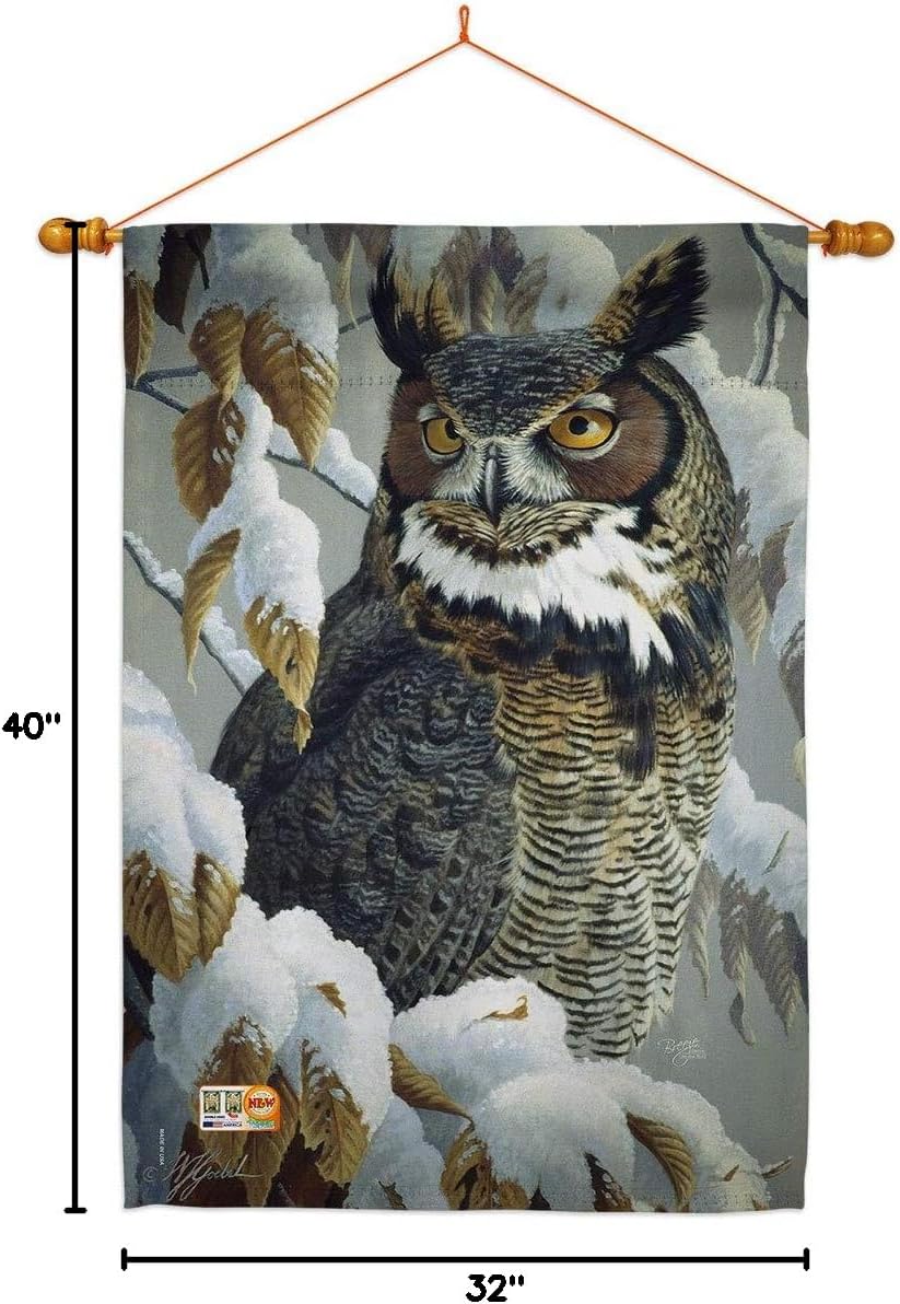Birds Great Horned Owl House Flag Dowel Set Garden Friends Flamingo Hummingbird Cardinal Peacock Springtime Natural Wildlife Small Decorative Gift Yard Banner Made In USA 28 X 40