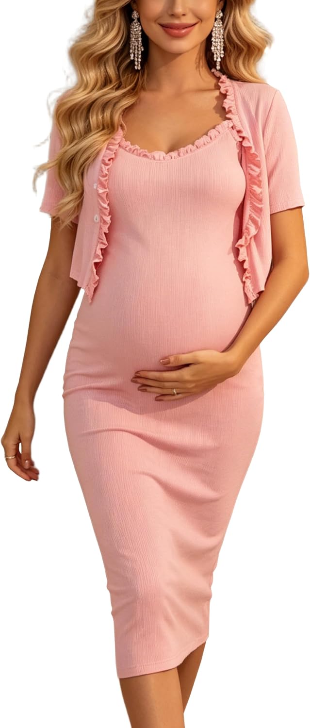 Maternity 2 Piece Set Ribbed Midi Dress Summer Casual Wear