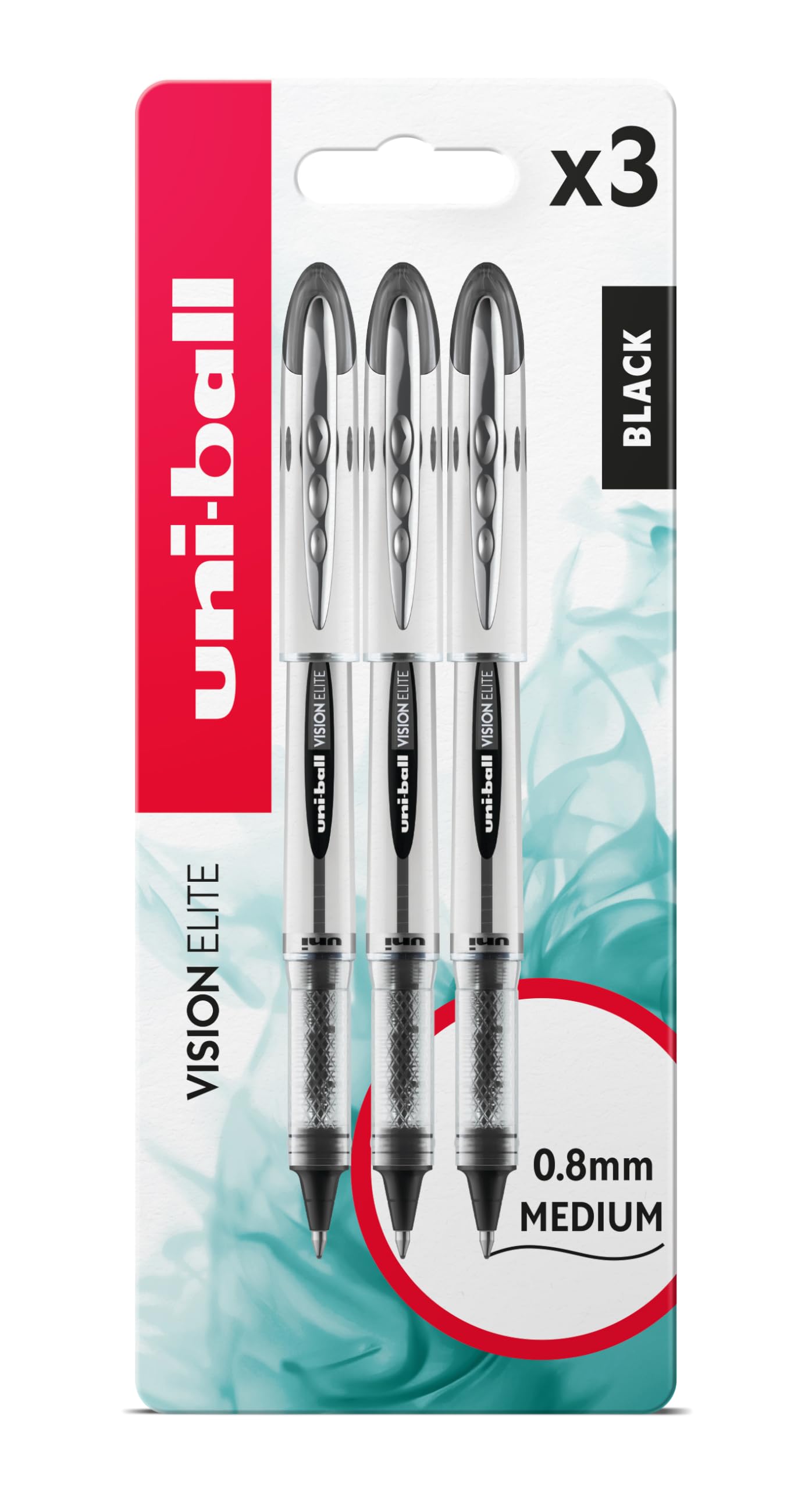 UB-200 Vision Elite Rollerball Pens. Premium Medium 0.8mm Ballpoint Tip for Super Smooth Handwriting, Drawing, Art, and Colouring. Fade and Water Resistant Liquid Uni Super Ink. 3 Pack Black