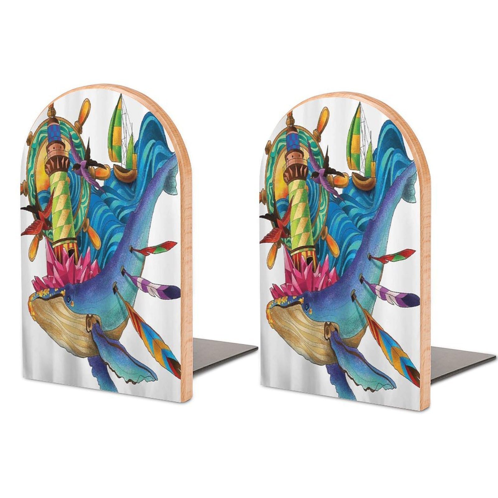 Whale Ocean Compass Sailboat Beech Wood Bookends Heavy Duty Book Organizers Desktop File Holder for Office Home Bookshelf