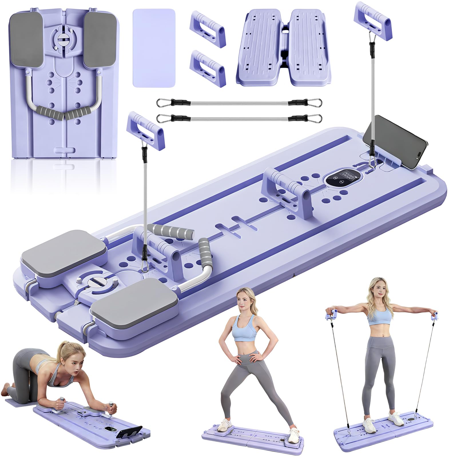Pilates Reformer, Pilates Board Pliable, Planche Pilate Multifonctionnelle avec Rouleau Abdominal Rebond Automatique, Pompes et Corde de Tension, Kit Pilates Maison