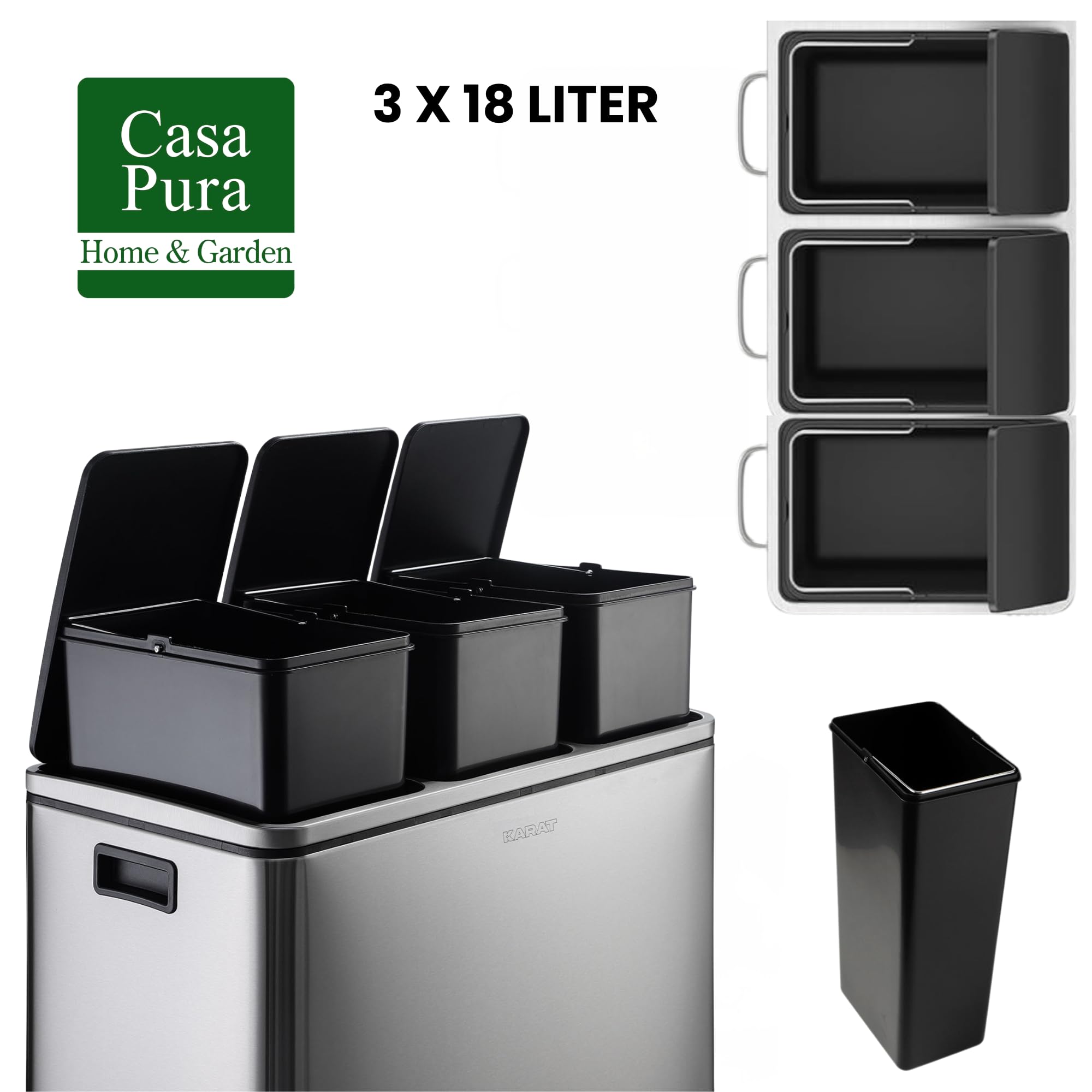 casa pura Abfalleimer Felix | Edelstahl Mülleimer mit Pedal | 2 fach Mülltrennsystem für Küche und Büro | 30 oder 60 Liter | Trend Farben zur Auswahl (Silber, 3 x 18 Liter)