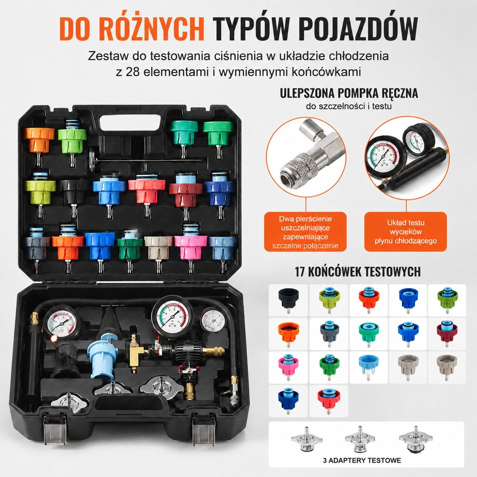 28-częściowy zestaw do testowania ciśnienia płynu chłodzącego chłodnicy z pompą ręczną, 17 metalowymi adapterami, 3 nasadkami testowymi i termometrem