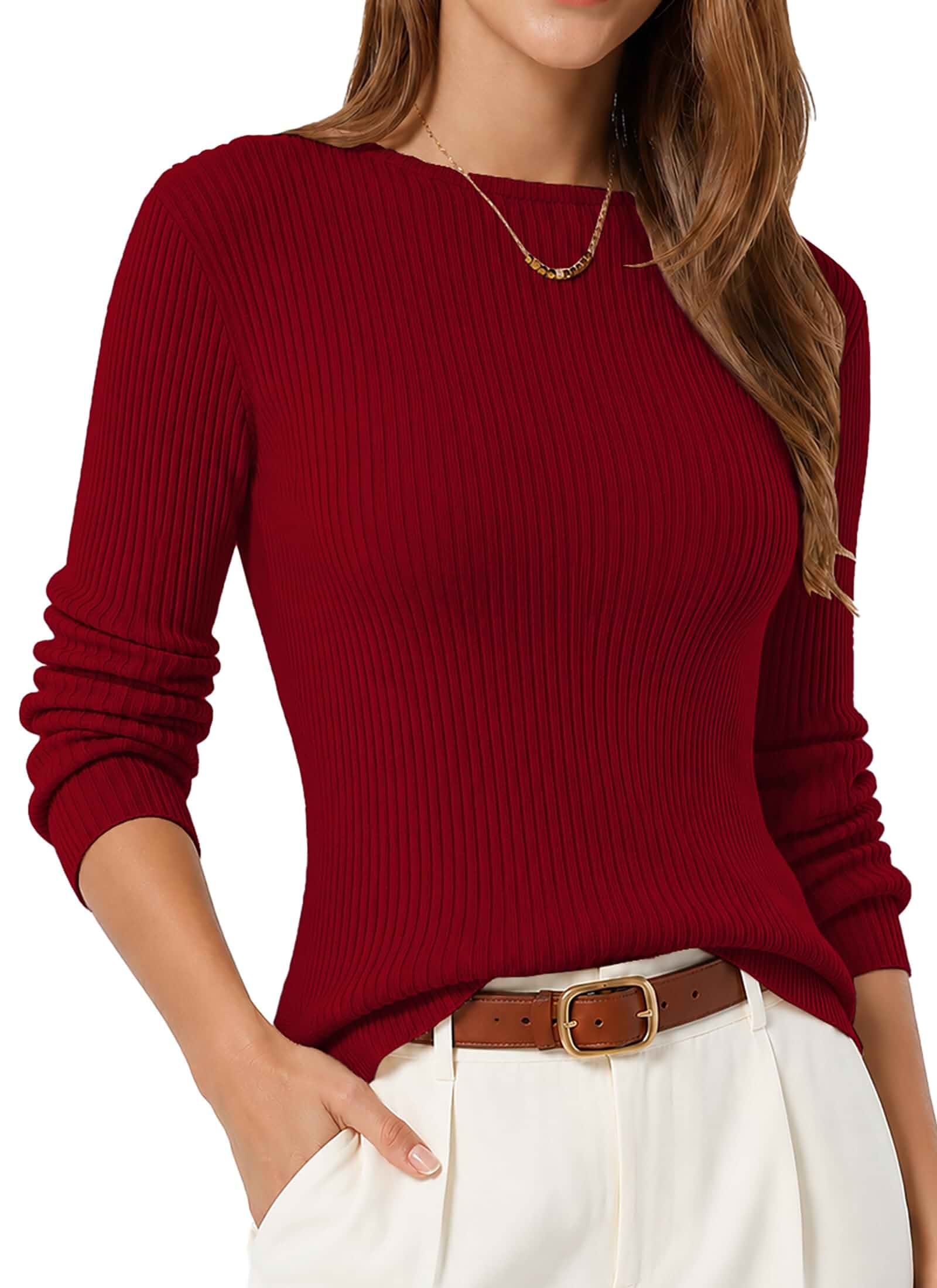 QUALFORT Ribbed Knit Women's Long Sleeve Fitted Sweater Crew Neck Pullover Lightweight Tops Soft Cozy Fabric Not Itchy Slim Fit with Stretch Suitable for Casual, Office Travel Business, Machine Wash