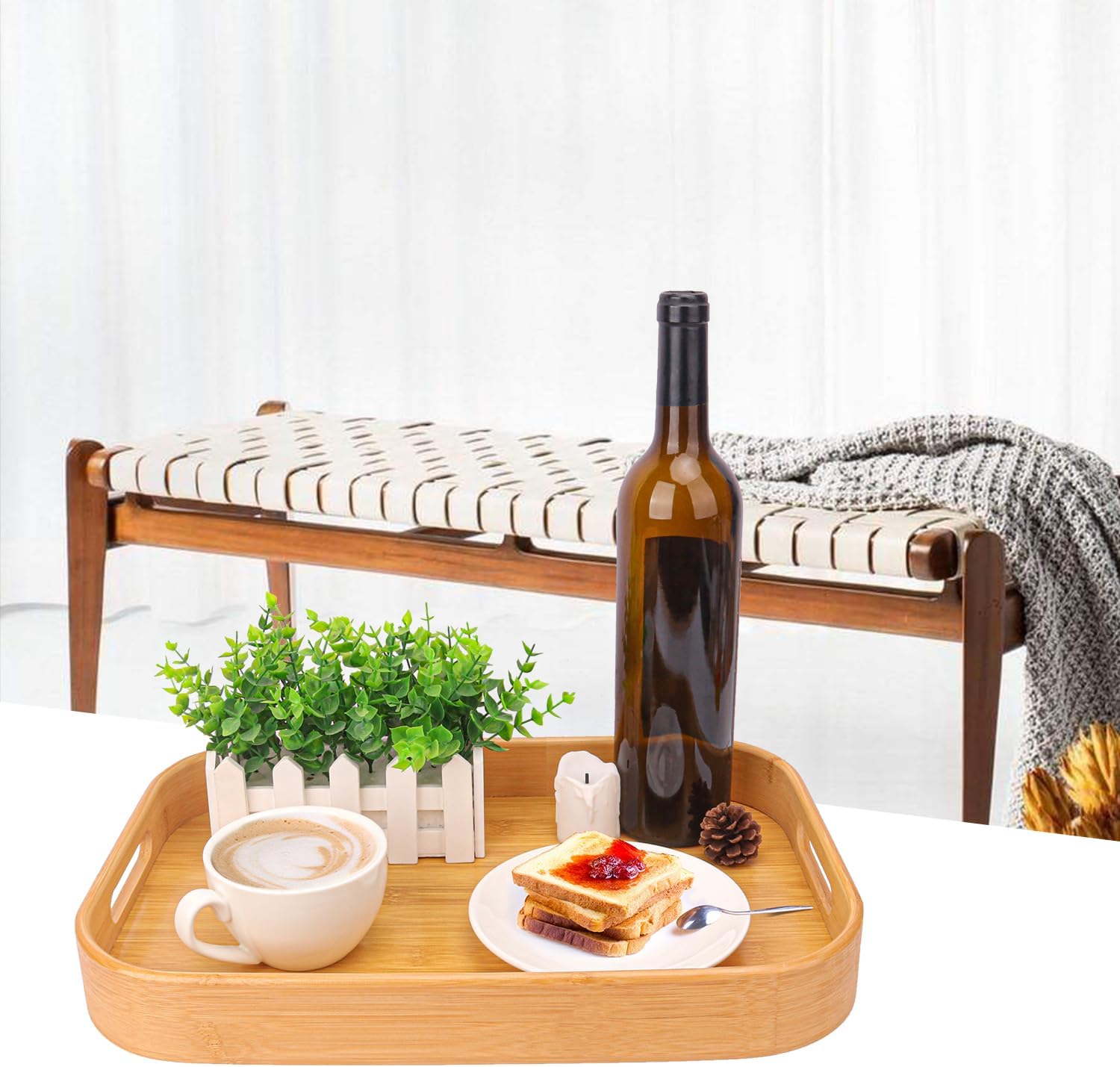 2 Pack Bamboo Serving Trays with Handles, Rectangular Bamboo Trays for Serving Food, Tea, or Dining in Bed - Image 5