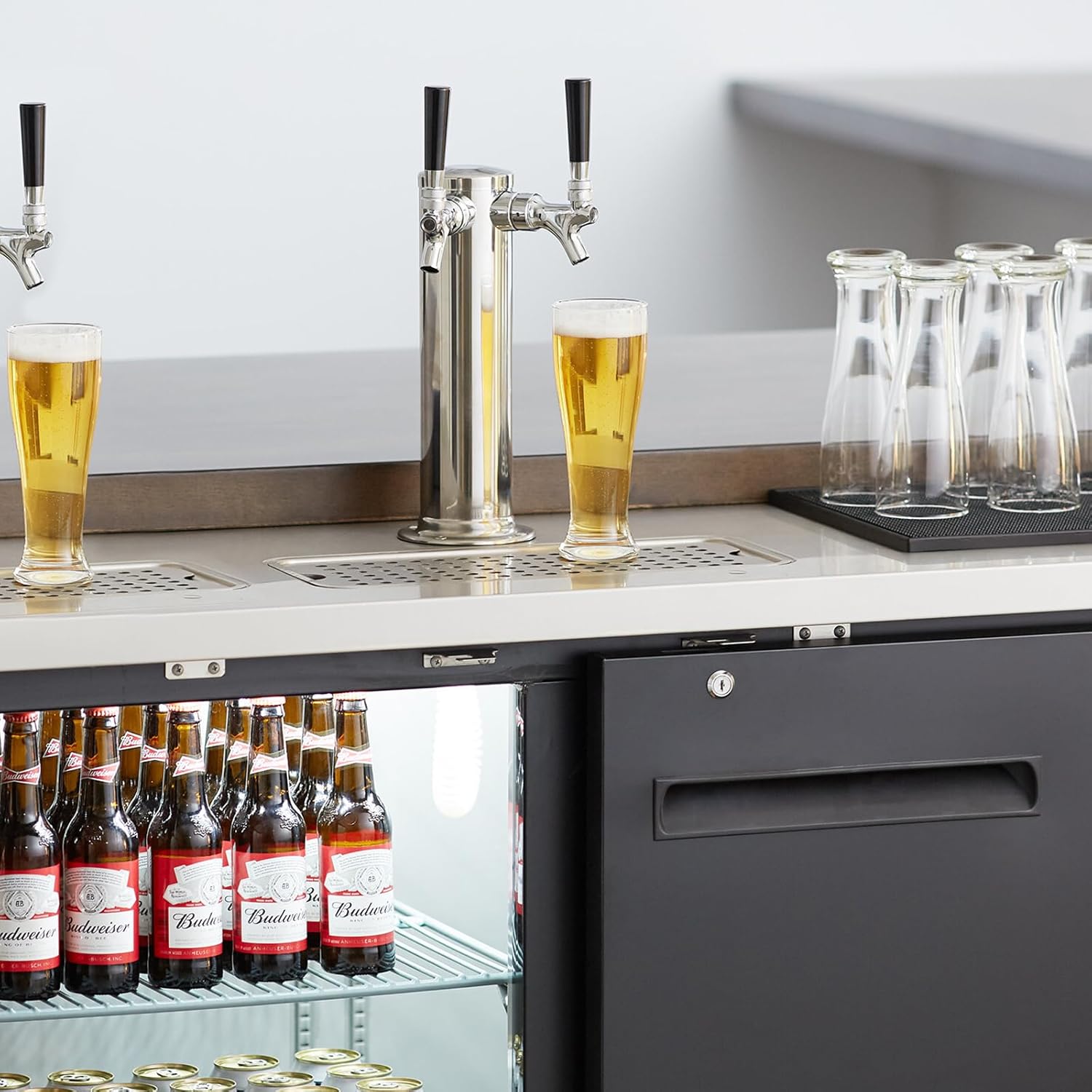 Dual Tap Beer Kegerator Tower - 3" Beer Keg Kegerator Tap, Kegerator Parts with Pre-Assembled Lines, Stainless Steel Draft Beer Tower Dispenser with Self-Closing Brass Faucet, Kegerator Accessories