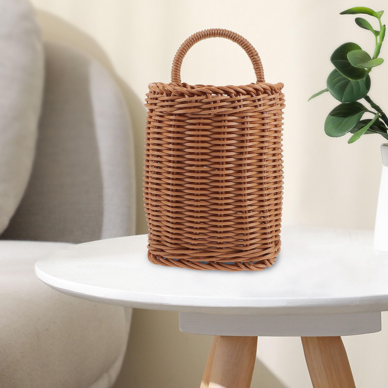Cesto da appendere per porte, in vimini, rotondo, stile boho, da appendere alla parete, colore: marrone