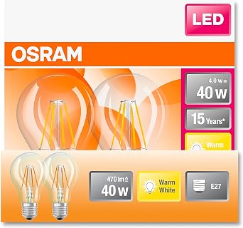 OSRAM Led Star Classic A40 Led Lamp for E27 Socket, Pear Shape, Fil, 470 Lumens, Warm White 2700K, Replacement for Conventional 40W Light Bulbs, Not Dimmable, 2-Pack [Energy Class E]