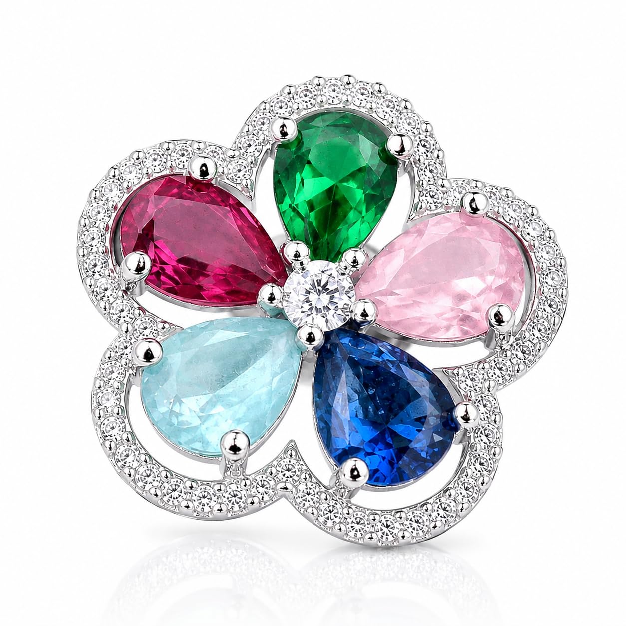 Multicolour Flower Brooch with Pear-Cut Gemstones, Crystal Accents, Silver-Tone Floral Design-image-16