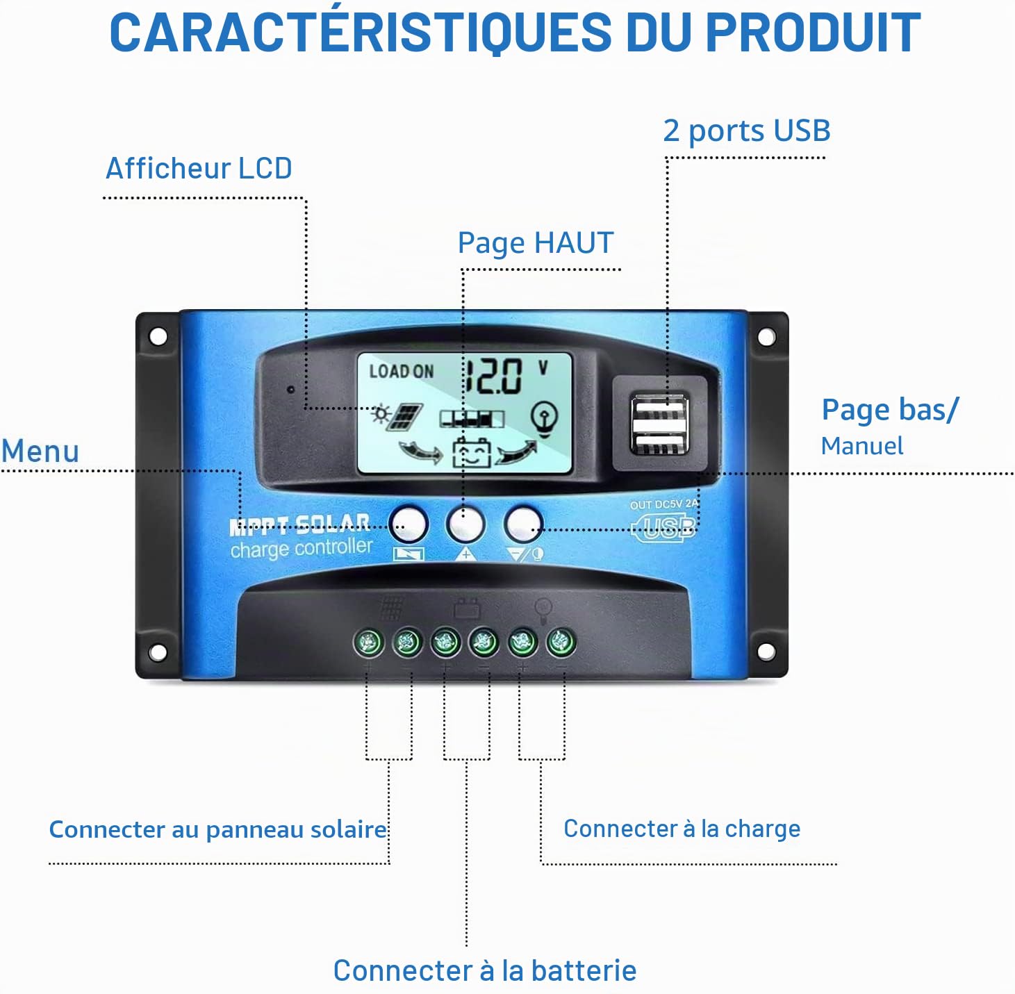 100A Contrôleur de Charge Solaire 12V 24V Auto, Régulateur Panneau Solaire 100A avec 5V Double Port USB et écran LCD pour Batteries Plomb et