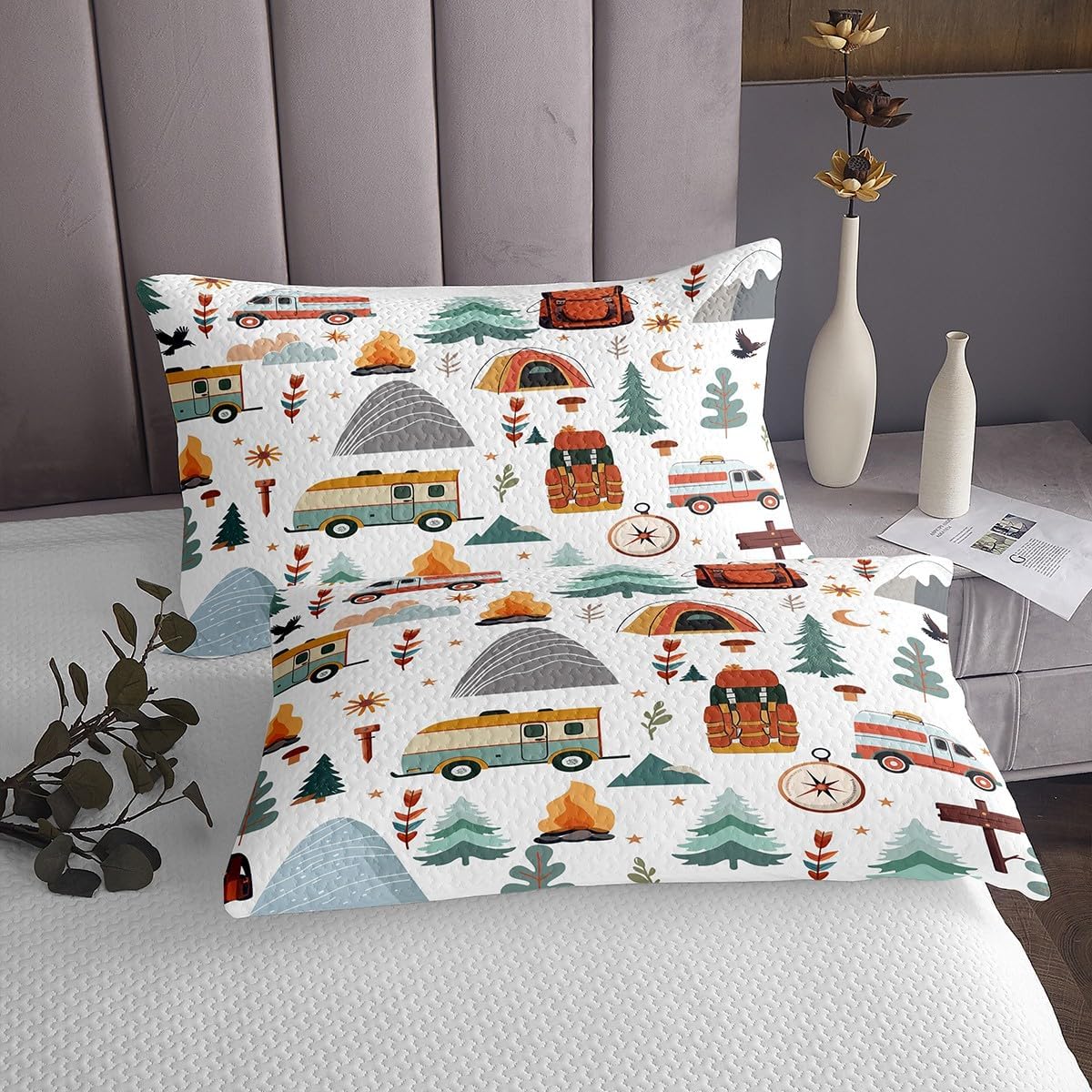 Feelyou Happy Camping Bed Sheets Set for Kids Boys Girls Queen Size Outdoor Travel Fitted Sheet Soft Travel Bag Tent Compass Print Bedding Set Camping Gifts Bedding Collection Travel Trailers Themed