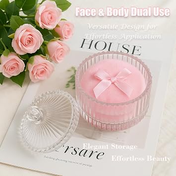 3-Piece Elegant Dusting Powder Container with Puff Set – Crystal Glass Body Powder Jar with Large Reusable Powder Puffs for Women & Babies – Vintage Powder Puff and Container for Loose Dusting Powder