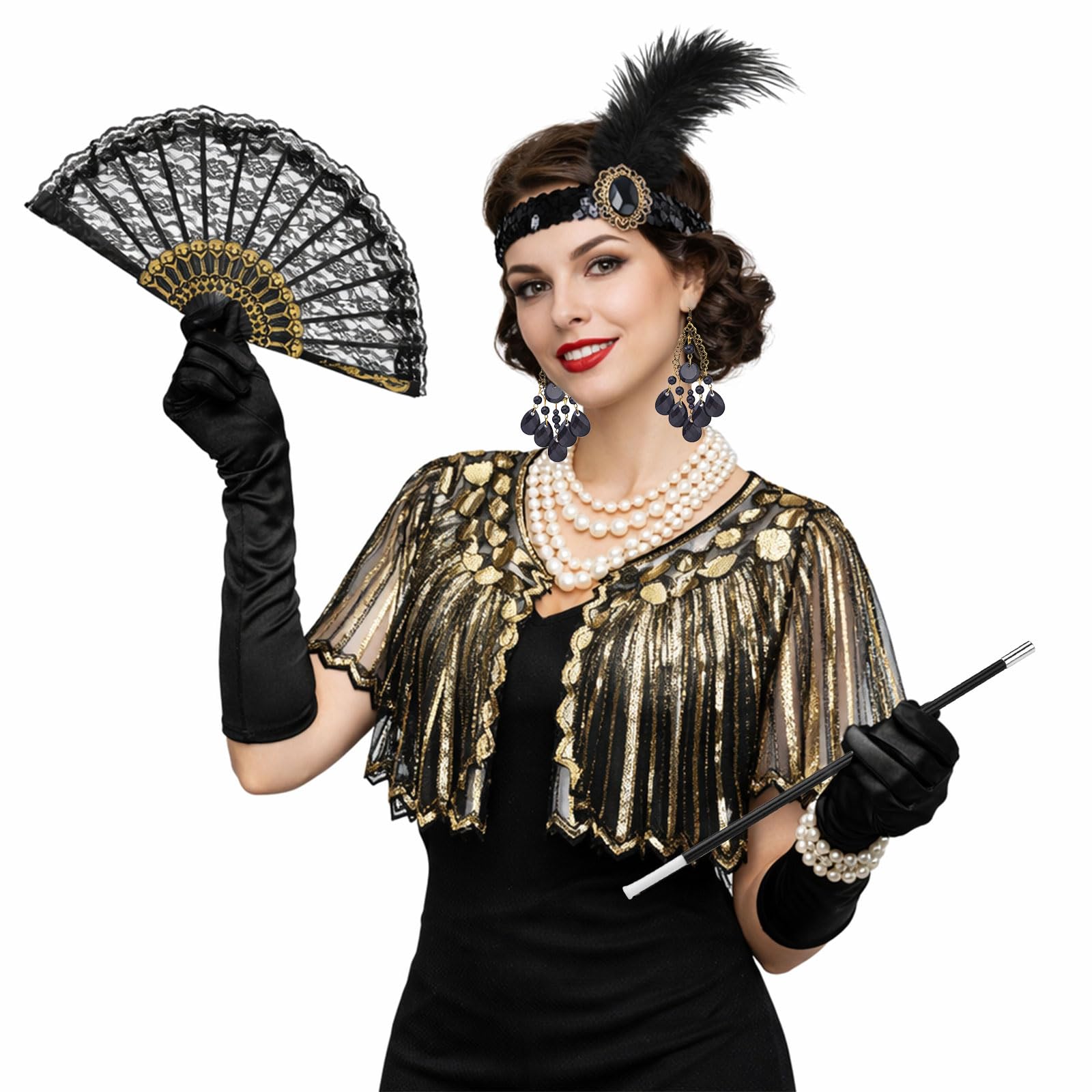 AWAVM 1920s Flapper Accessories Set for Women,9 Pcs Great Gatsby Accessories Women with Shawl Sequin Headband Gloves Necklace Earrings Lace Fan Bracelet Socks for Women Ladies Party - Image 3