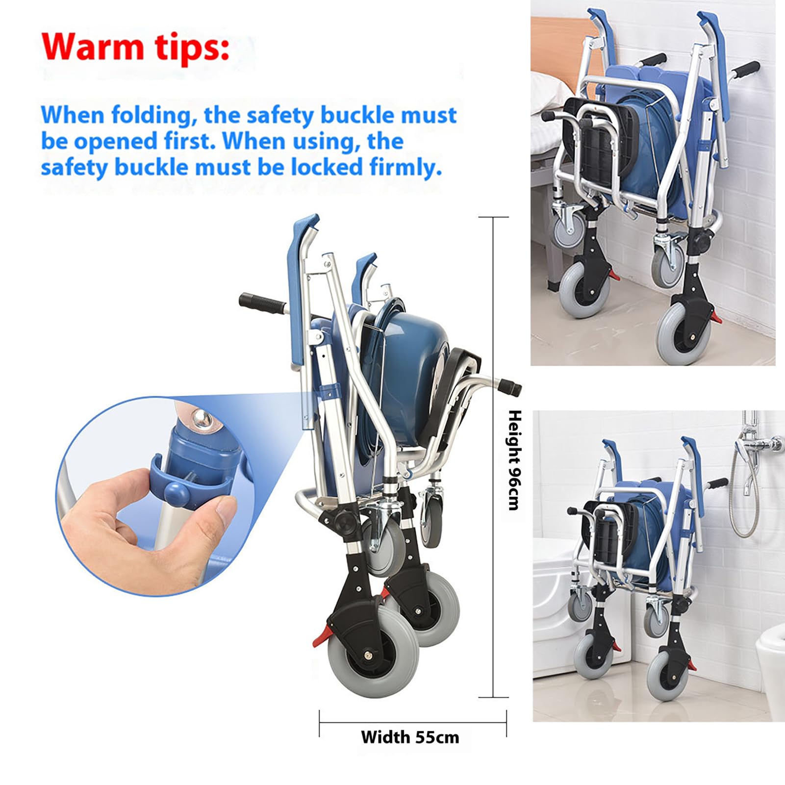 Silla de inodoro plegable portátil 3 en 1, silla de ruedas, cama plegable con bandeja y 4 ruedas con bloqueo(B)