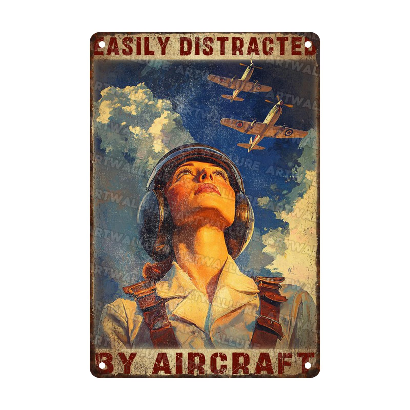 Anceky Retro Metal Tin Sign Easily Distracted By Airplanes Metal Sign Retro Wall Decor For Farmhouse Bar Cafe Kitchen Backyard Window 12×16 Inch