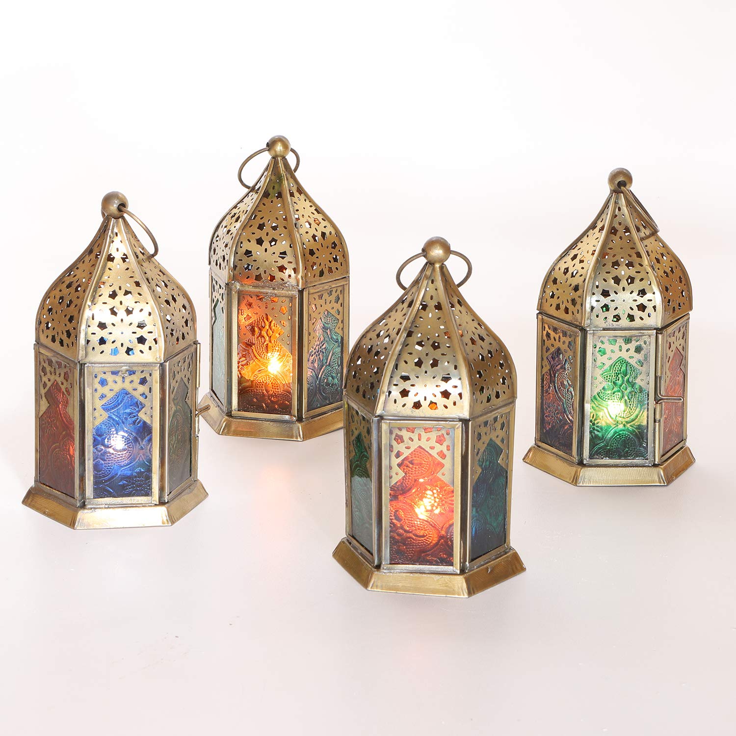 Casa Moro WDL1040 Nael Multi Juego de 4 portavelas orientales de metal con cristales en relieve, 16 cm de altura, linternas de cristal marroquíes con aspecto de latón antiguo, para interior y exterio