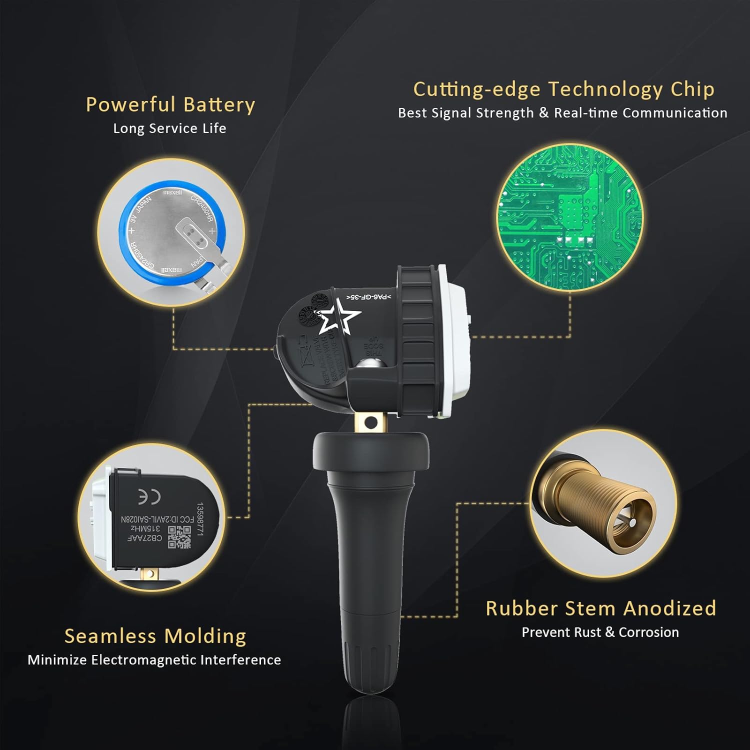 Marsflex TPMS Sensor, 13598772 Tire Pressure Sensor Fit for GM Chevy GMC Cadillac Buick Saturn Pontiac SAAB Hummer, Tire Pressure Monitoring System Replacement: 13586335 13598771 25920615 315MHz 4pcs