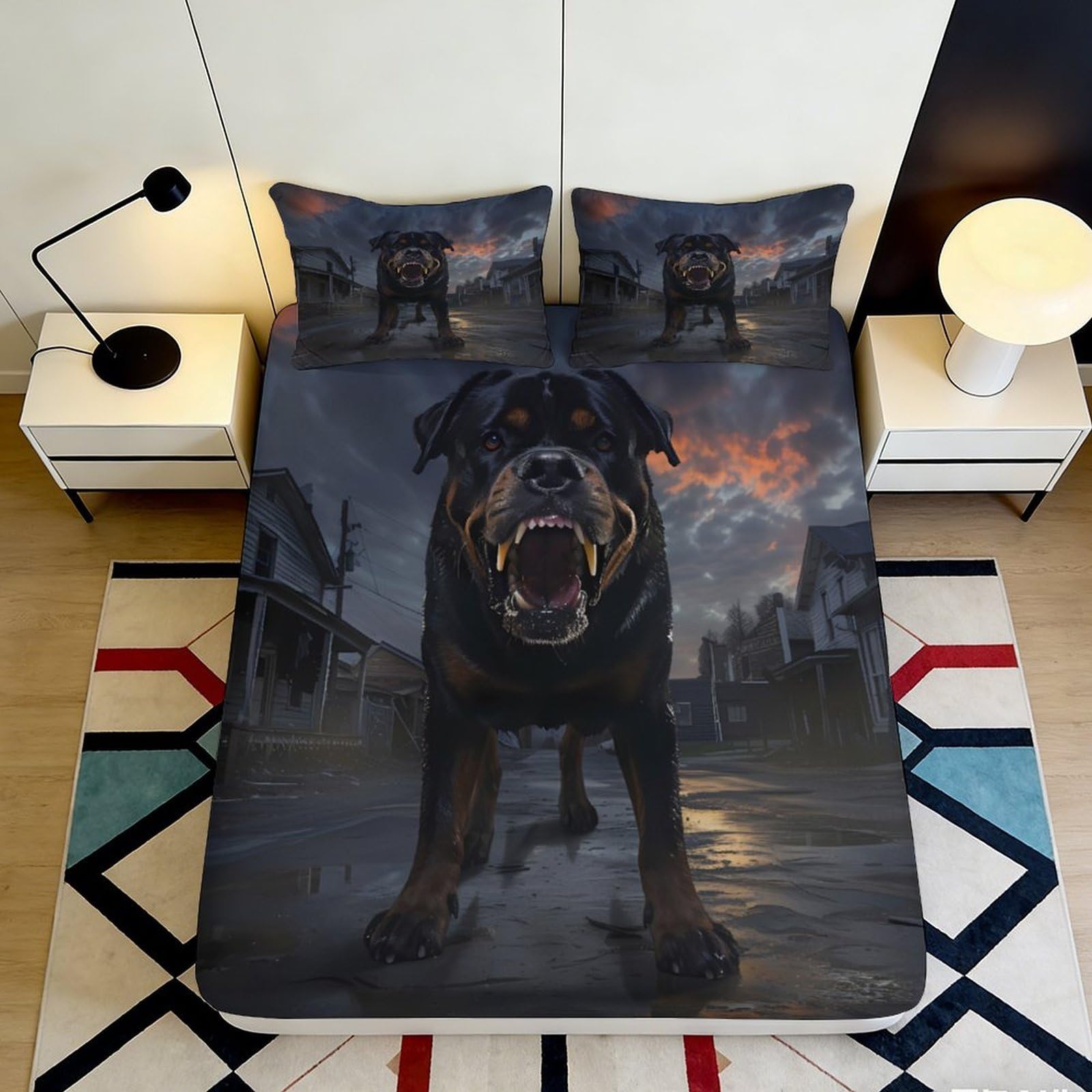3D Printed Fierce Rottweiler Fitted Sheet Microfiber Durable Breathable Angry Dog Bed Sheet for Bedroom Dormitory Guest Room Mattress Protection 180x200x25cm