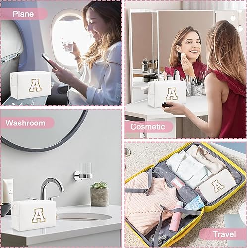 Miniatura 6 de Bolsa de maquillaje preppy inicial personalizada Pequeña bolsa de carta de chenilla de viaje linda, Blanco-2