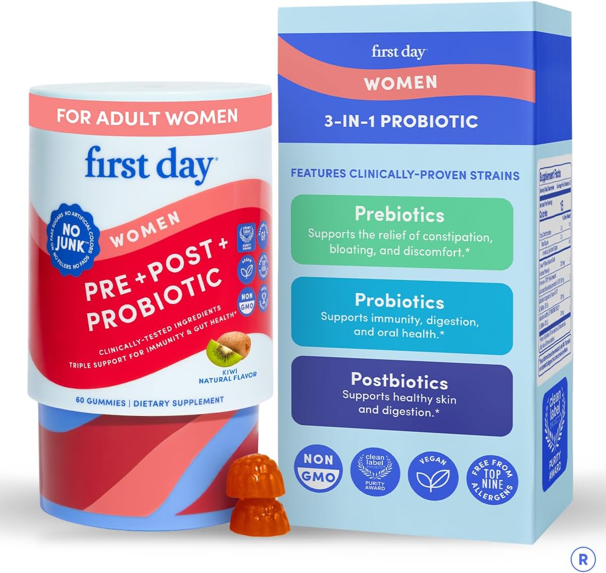 FIRST DAY Womens 3-in-1 Probiotic Gummies – Prebiotic + Probiotic + Postbiotic Supplement – Supports Digestive & Oral Health, Immune Function & Energy Levels – 30-Day Supply