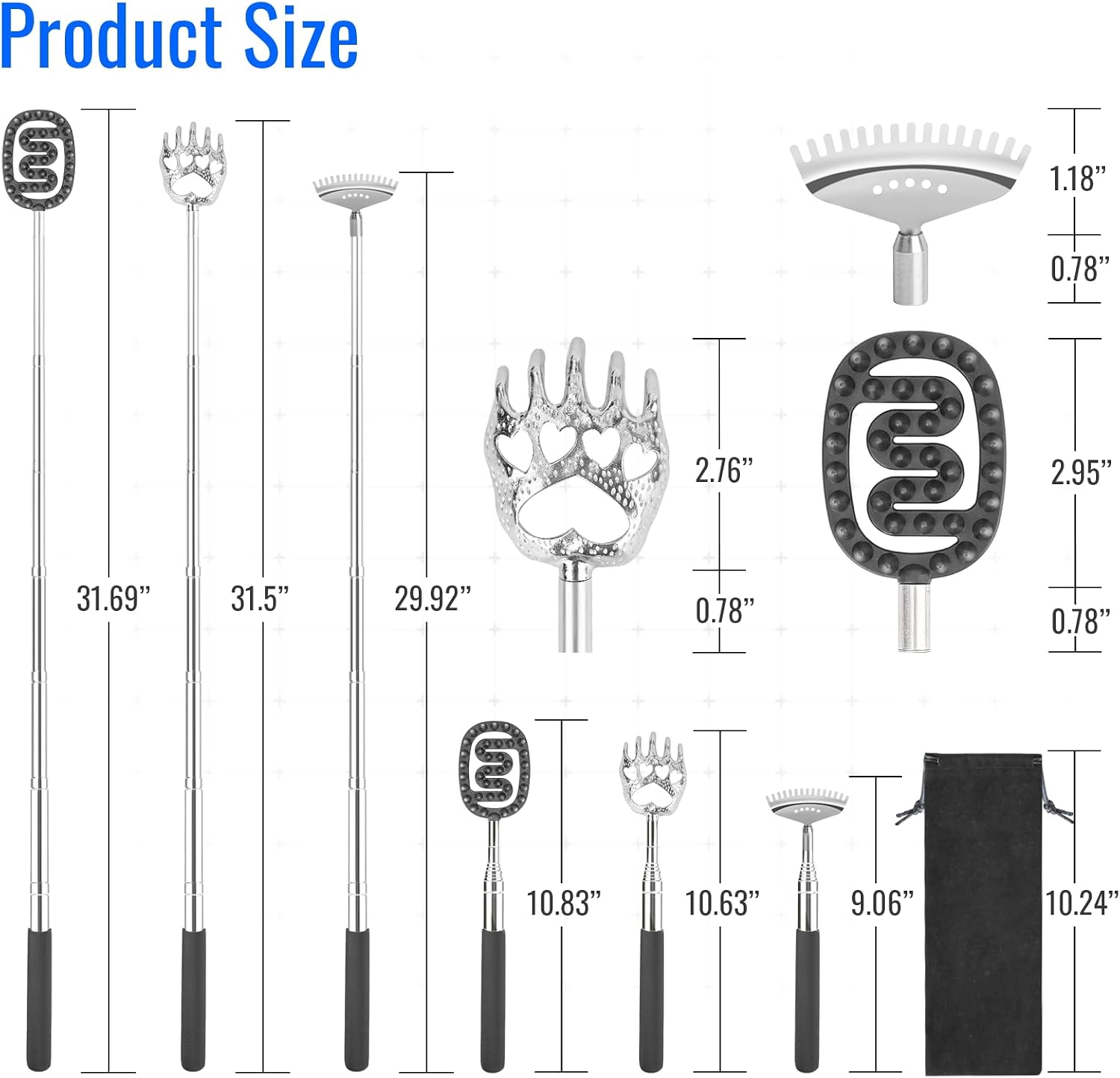Plazuria Oversized Back Scratcher with 3 Detachable Heads, Stocking Stuffers for Men & Women, Extendable 30" Handle with Spikes, Rake & Bear Claw Heads (Classic Black)