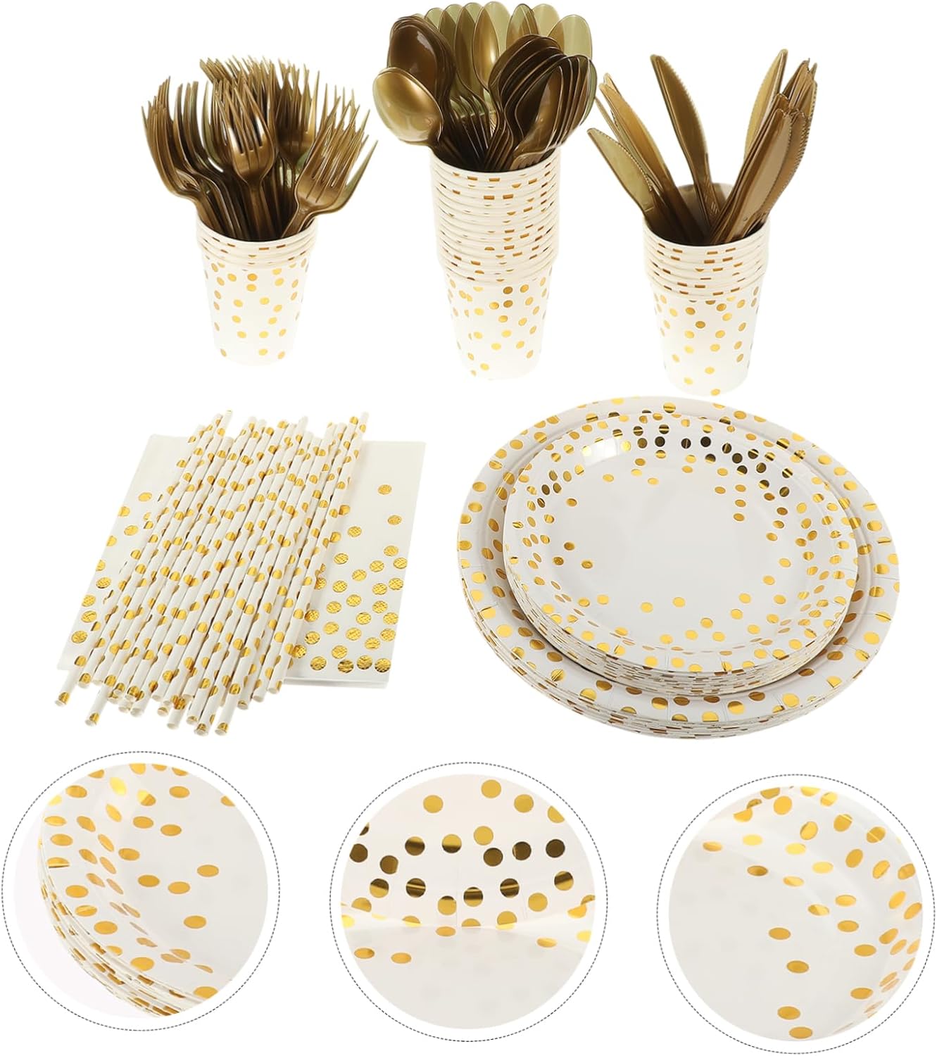 Set of Party Dot Paper Plates Cups Napkins Silverware Gold Stamping Stylish Party Tableware Perfect for Birthdays Weddings