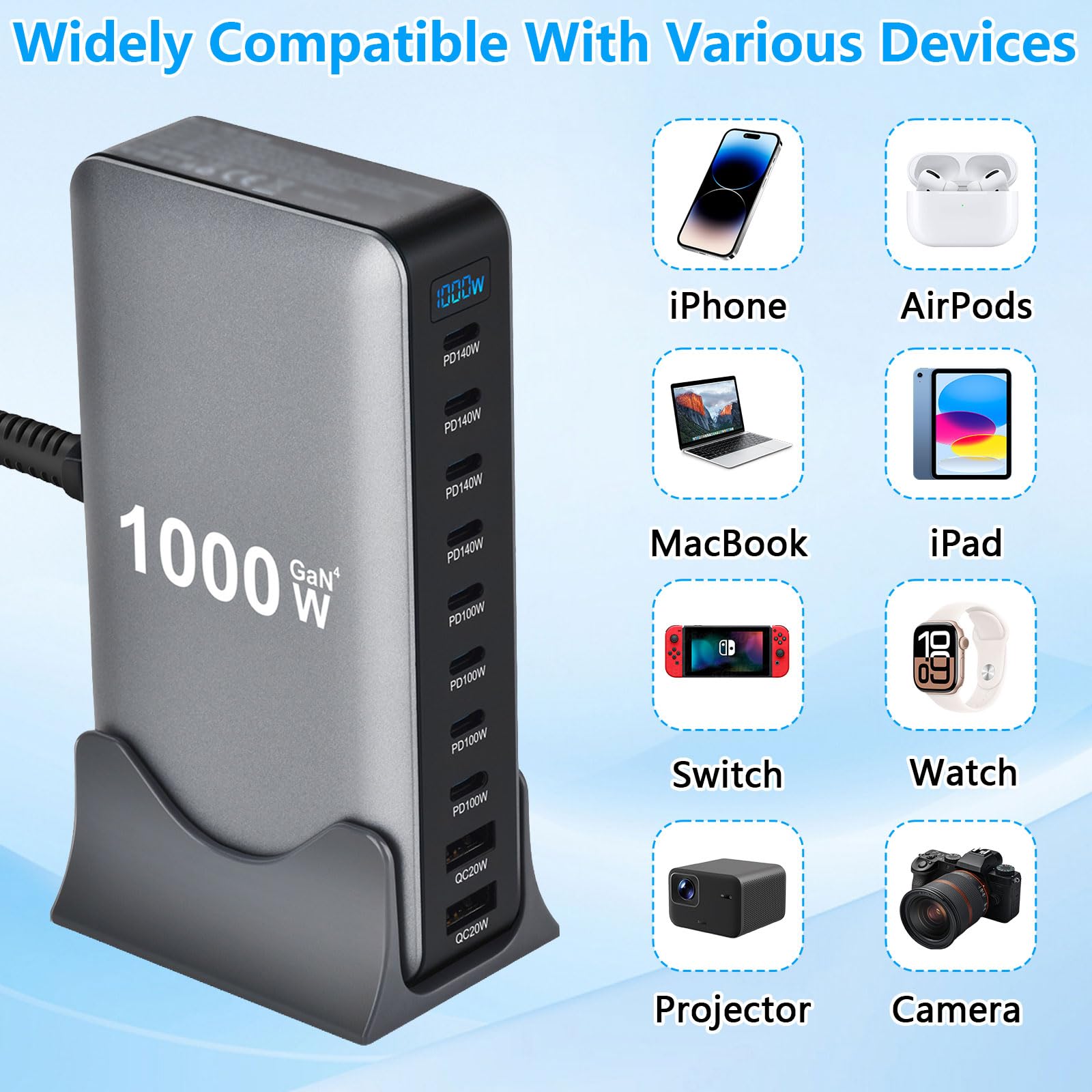 Chargeur USB C multiple 1000 W - 10 ports - Chargeur rapide pour ordinateur portable - Station de charge compatible avec MacBook Pro/Air, iPad, iPh0ne, Galaxy S25, etc