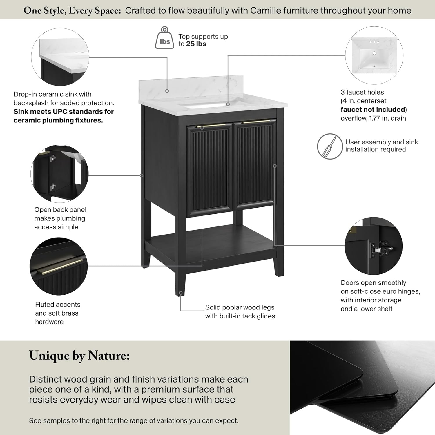 Bush Home 24-Inch Bathroom Vanity with Sink, Fluted Bathroom Cabinet with Faux Marble Basin and Backsplash, Freestanding Bathroom Storage Vanity, Faucet Not Included, Camille Collection, Onyx Birch