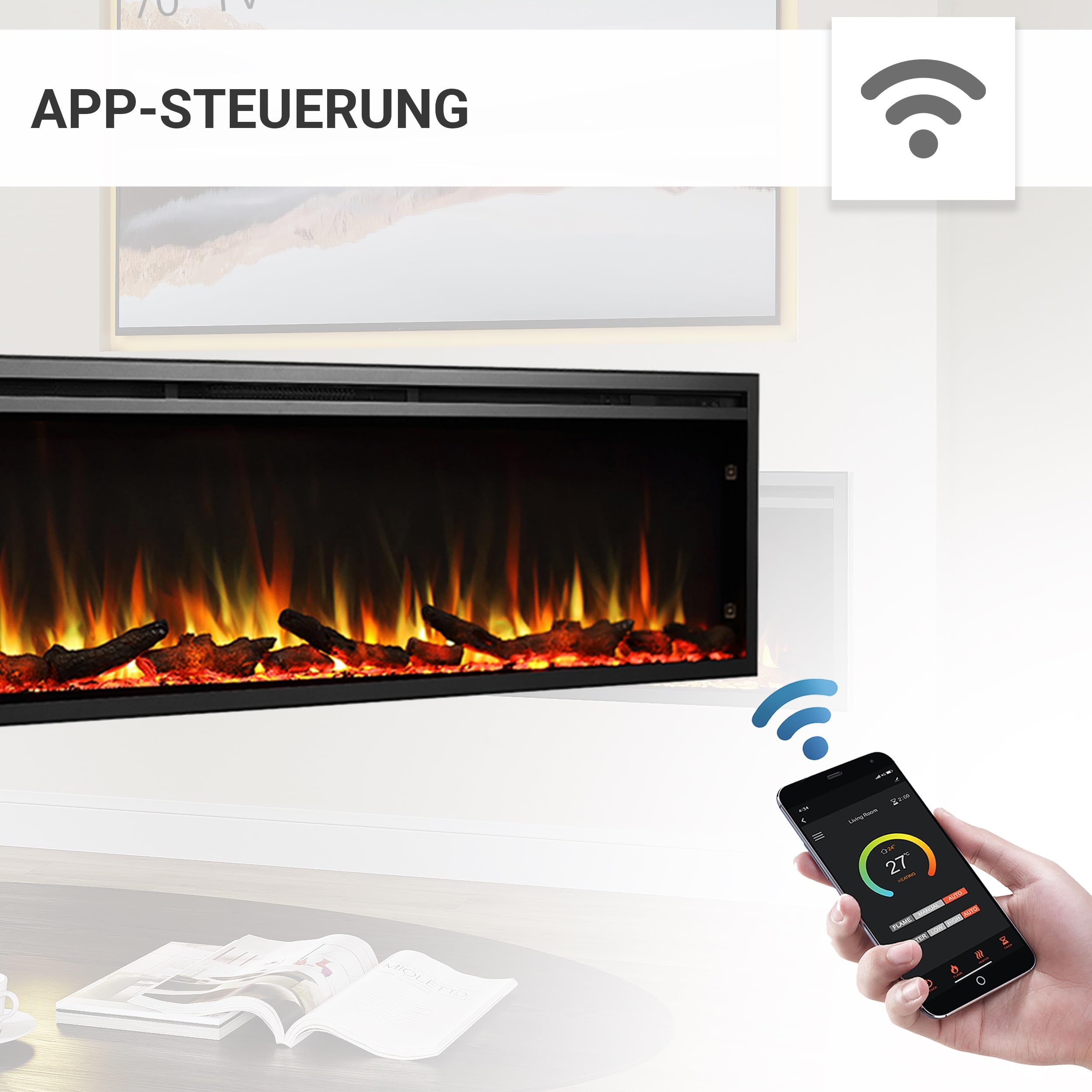 BALDERIA Atalanta 72 Einbau Kamin, App Steuerung | Elektrischer Einbaukamin, Heizung 1000/2000 W, 3D-Flammeneffekt, Knisterfunktion, Fernbedienung, Timer, Thermostat