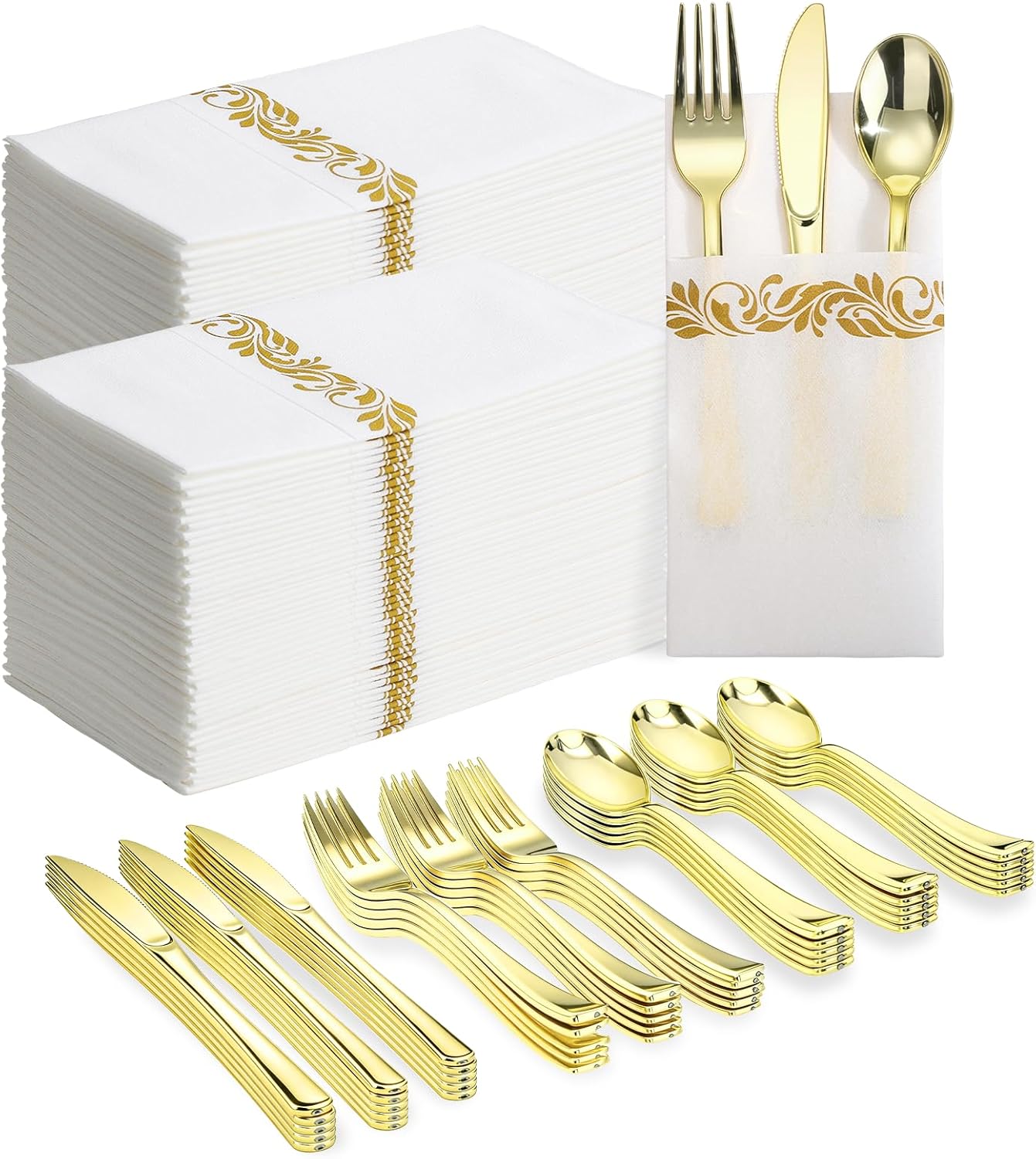 Goodluck 400 PCS Gold Plastic Silverware with Pocket Napkins for 100 Guests, Heavy Duty Disposable Cutlery Set & Linen Feel Napkins, Plastic Flatware with Guest Towels for Wedding, Party and Catering