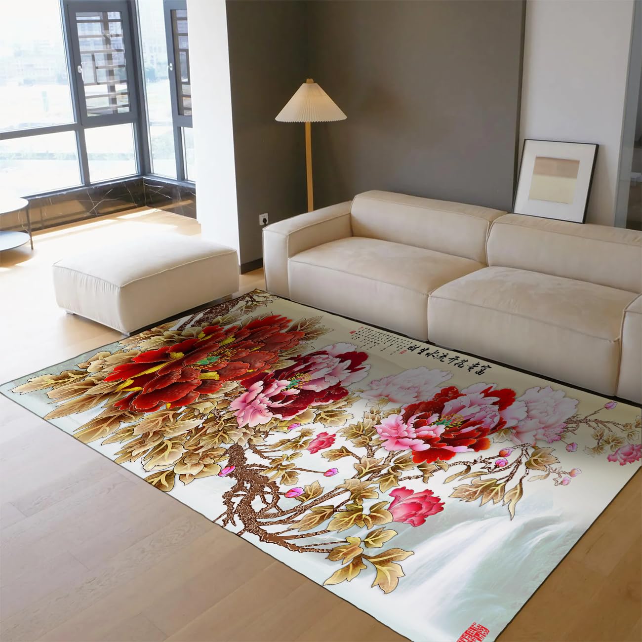 Tapis 120x150 lavable à motif floral pivoines pour salon et chambre
