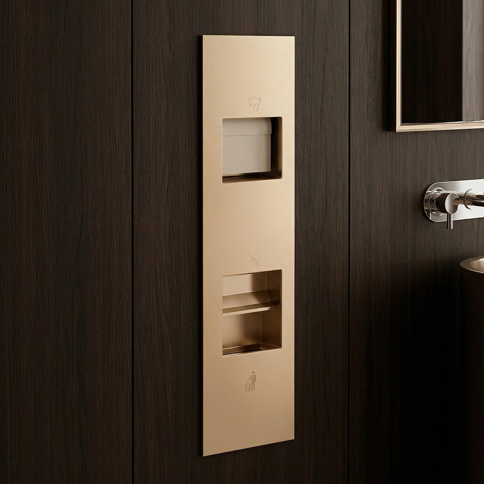 Porta Carta igienica a Incasso Color Oro con Cestino Integrato, mobiletto salvaspazio per Il Bagno in Acciaio Inox 304 con cassetto portaoggetti, Ideale per ristrutturazioni.