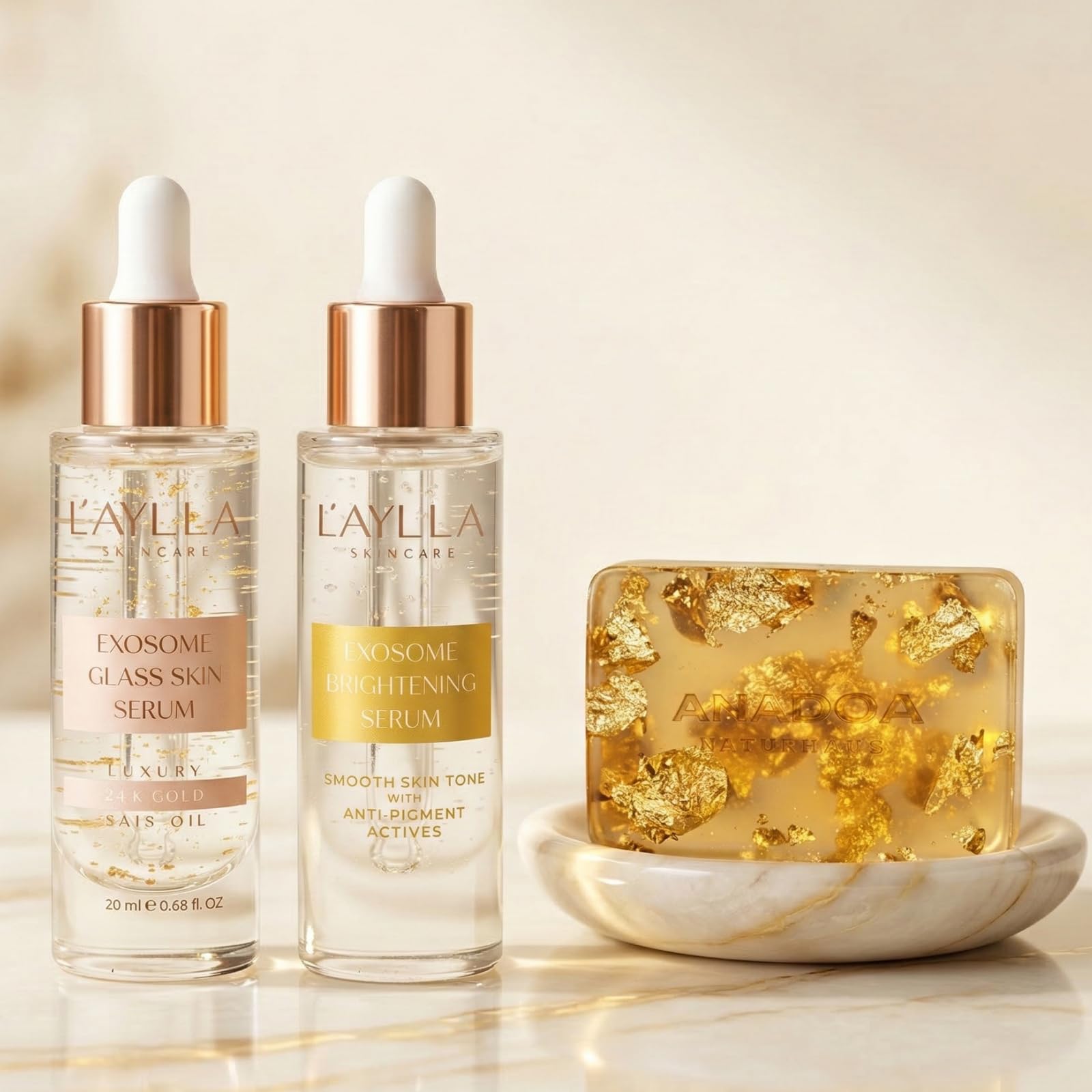 L'AYLLA Gold & Exosome Set (2x20ml + 120g) – Brightening Serum, Glass Skin Serum & 24K Gold Seife – Zellregeneration & Strahlkraft – Mit Arbutin & Niacinamid