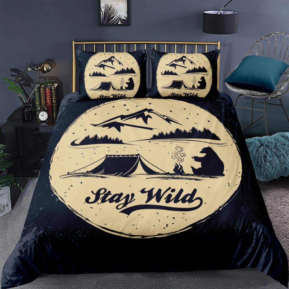Loussiesd Camping Comforter Cover King Size Night Forest Themed Duvet Cover Set Wild Style Bedding Set with 2 Pillowcases Soft Microfiber Zipper Decorative Blue Beige Bedspread Cover 3 Piece