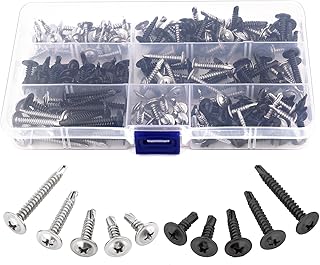 190pcs Metal Screws Self Tapping, Stainless Steel Screws Self Drilling Screws Self Tapping Screws Assortment for Wood Metal Plastic Panels 5 Sizes #8×1/2" to #8×1-1/4" (Black, Silver)
