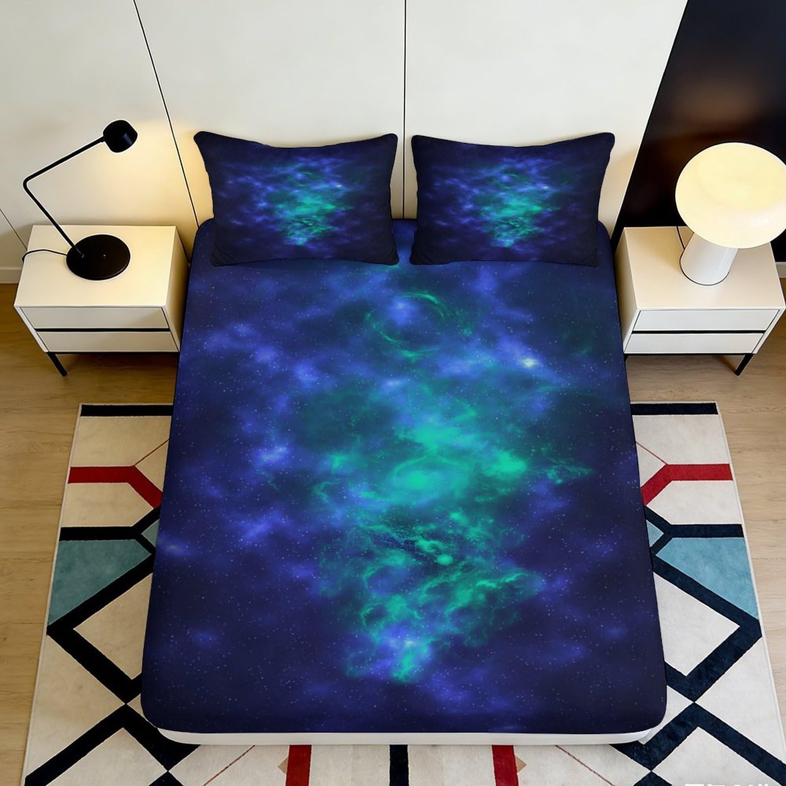3D Printed Galaxy Starry Sky Fitted Sheet Microfiber Deep Blue Cosmic Nebula Mattress Cover for Bedroom Dorm Decor 90x200x25cm