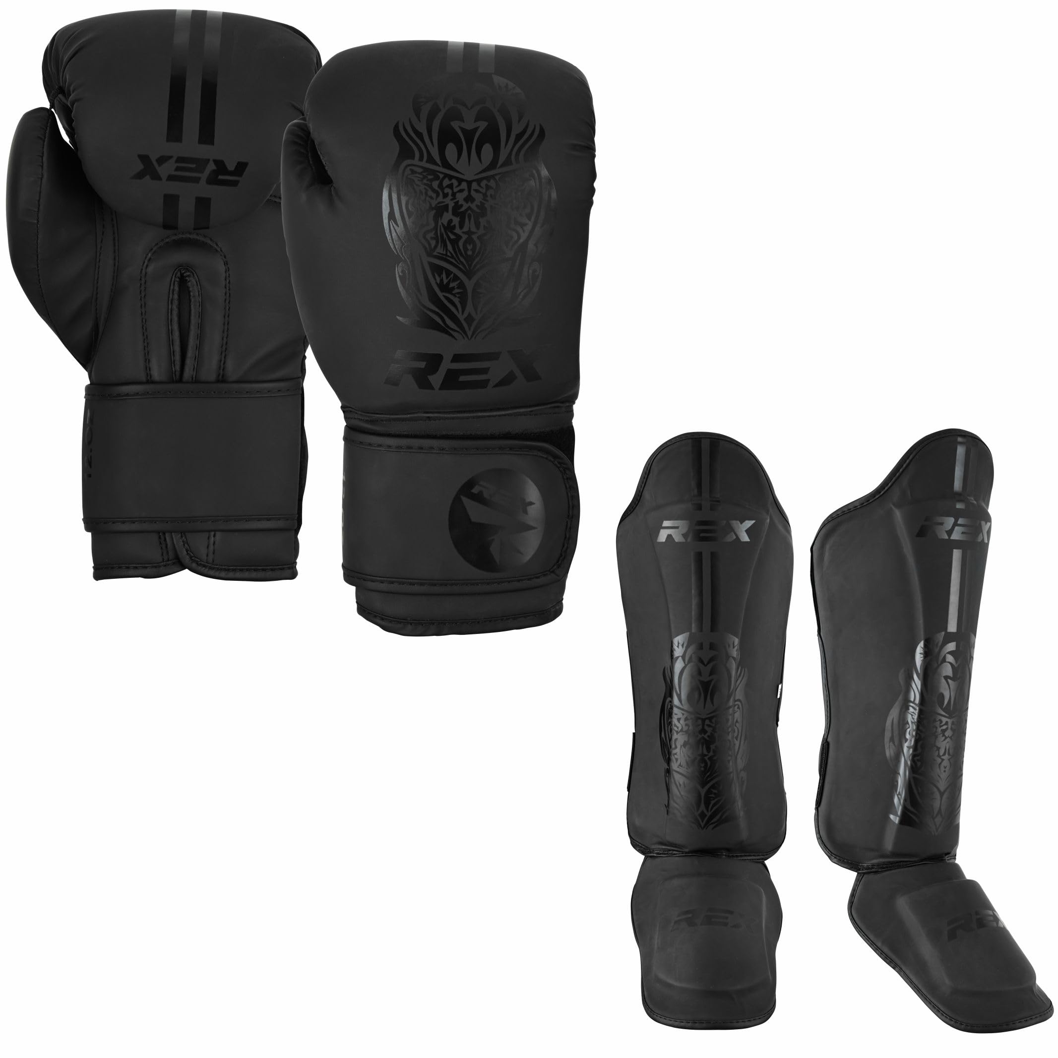 Rex Sports Boxing Set Boxing gloves with Shin Instep for Kickboxing Heavy duty punching gloves MMA fighting pads, shinpads Sparring gloves MMA Black (Gloves Size 4oz, Shin Size S)