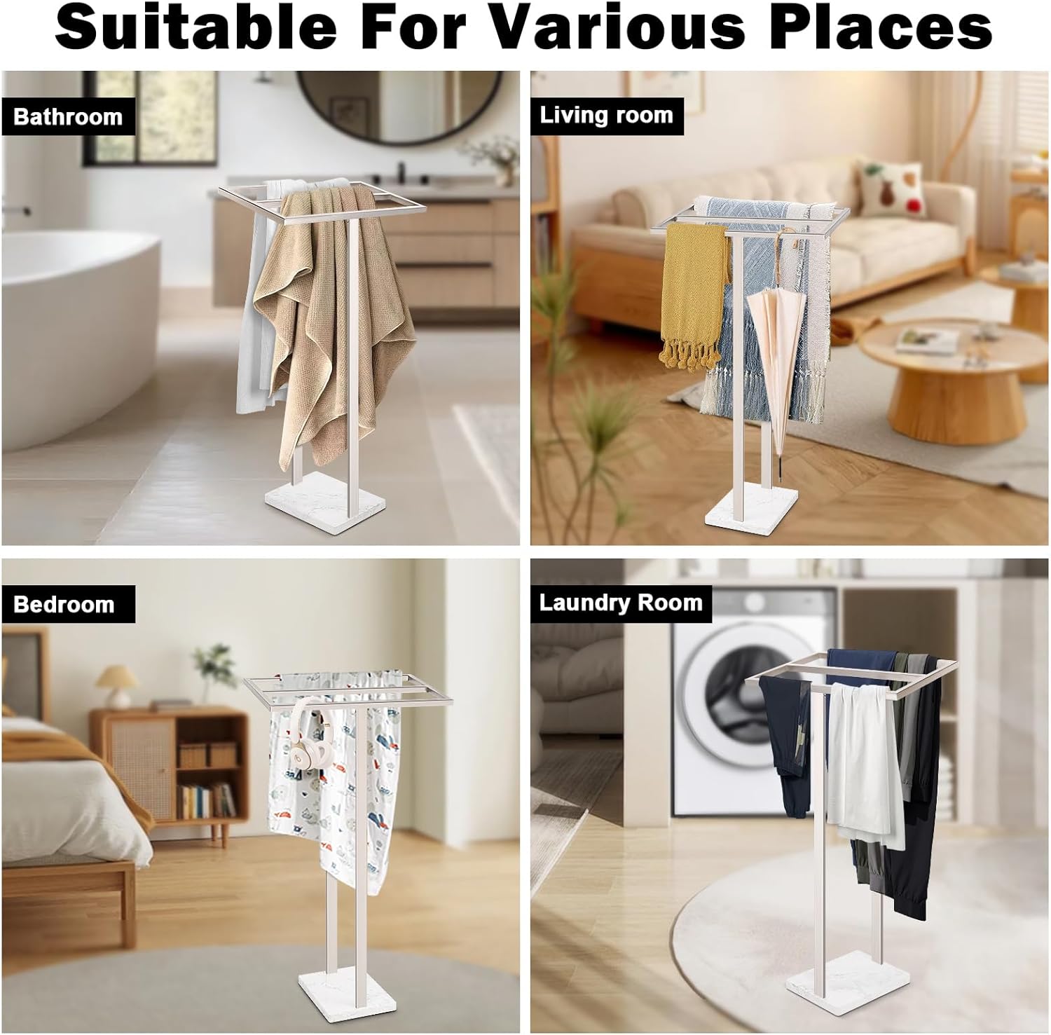 Livabber Standing Towel Rack, 304 Stainless Steel 2 Tier Towel Holder Stand with Heavy Marble Base, Stylish Floor Towels Bar for Bathroom Accessories, Laundry Room, Pool (Brushed Nickel)