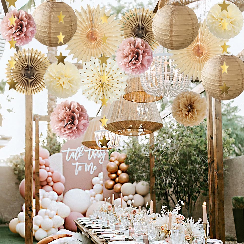 Party Deko Beige Rosa Braun Creme Neutral Boho Babyparty Deko Braun Beige JGA Frauen Altrosa Pompons Papierlaternen Champagner Gold für Boho Geburtstagdeko Brautdusche Hochzeit Junggesellenabschied