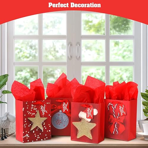 Miniatura 5 de Paquete de 4 bolsas de regalo de tamaño mediano de 9 pulgadas, bolsas de regalo de Navidad surtidas con papel de seda para decoración de suministros